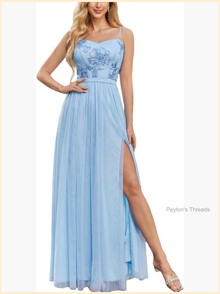 Elegant Midi Mesh Embroidered Flowy Prom Dress Formal Wedding Guest